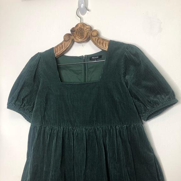 Madewell Dress A Line Voluminous Tiered Corduroy Puff Sleeve Green Mini Pockets - Picture 3 of 8